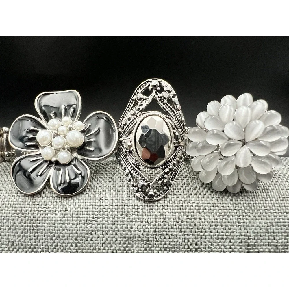 Silver Tone Stretch Ring Lot 5pc Floral Rhinestone Pearl Size 6-9 Goth